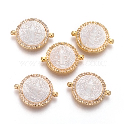 Brass Micro Pave Cubic Zirconia Links connectors, with Shell and Jump Ring, Flat Round with Saint Benedict, Clear, Golden, 15x20x3mm, Hole: 1.2mm(KK-I656-48G-01)