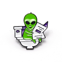 Alien with Newspaper Cartoon Enamel Pin, Zinc Alloy Enamel Brooch for Clothes Bag, Electrophoresis Black, Lime, 31x29x9.5mm(JEWB-TAC0002-24)