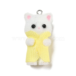 Flocking Opaque Resin Pendants, Cat in Yellow Clothes Charms with Platinum Tone Iron Loops, WhiteSmoke, 35x16.5x16mm, Hole: 2mm(RESI-G098-01D)