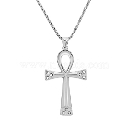 Stainless Steel Crysstal Rhinestone Ankh Cross Pendant Box Chain Necklaces for Men, Stainless Steel Color, 23.62 inch(60cm)(PW-WG356EF-01)