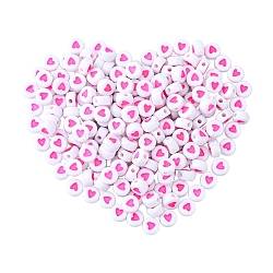 Opaque Acrylic Beads, with Enamel, Flat Round with Heart, Hot Pink, 7x3.5mm, Hole: 1.2mm(X2-MACR-N008-57F)