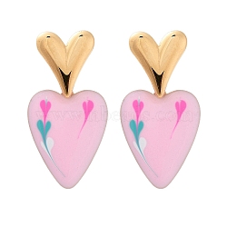 Ion Plating(IP) 304 Stainless Steel Heart Stud Earrings, with Enamel for Women, Real 18K Gold Plated, Pearl Pink, 31x16mm(EJEW-A114-09G-02)