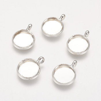 Brass Pendant Cabochon Settings, Plain Edge Bezel Cups, Nickel Free, Silver Color Plated, Tray: 10mm, 12x2mm, Hole: 3mm