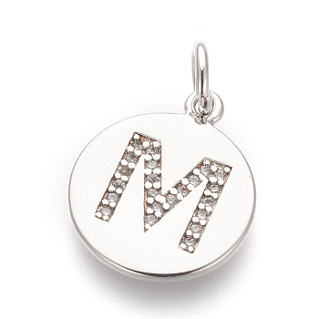 Brass Micro Pave Cubic Zirconia Pendants, Lead Free & Cadmium Free, Flat Round with Letter, Platinum, Letter.M, 17.5x15x1.5mm, Hole: 3mm
