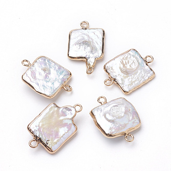Plated Natural Baroque Pearl Keshi Pearl Links connectors, with Iron Findings, Square, Golden, 22~26x14~17x3~7mm, Hole: 1.8mm