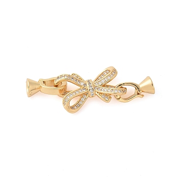 Brass Micro Pave Clear Cubic Zirconia Fold Over Clasps, Bowknot, Real 18K Gold Plated, 41mm