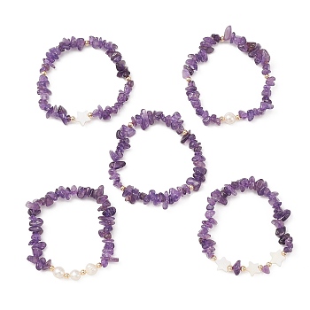 5Pcs 5 Style Natural Amethyst Chips Stretch Bracelets Set, Natural Shell Star Stackable Bracelets, Inner Diameter: 2-1/8 inch(5.3cm), 1Pc/style