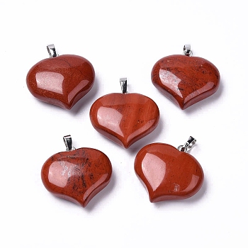 Natural Red Jasper Pendants, Love Heart Charms, with Platinum Tone Brass Snap on Bails, 24~25.5x25x9.5~10mm, Hole: 8x2.8mm
