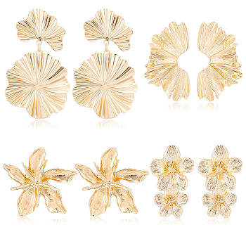 4 Pairs 4 Style Alloy Stud Earrings, Leaf and Flower Drop Earrings, Golden, 46~80x29~49.5mm, 1 Pair/style