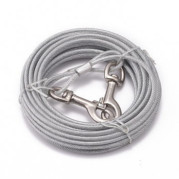 Dog Tie Out Cable, Steel Wire Rope, for Small to Large Dogs Pets, Silver, 5mm, Clasps: 77x27x14mm, about 10m/bundle