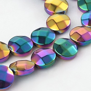 Electroplated Non-magnetic Synthetic Hematite Flat Round Bead Strands, Faceted, Multi-color Plated, 8x3.5mm, Hole: 1mm, about 51pcs/strand, 15.74 inch