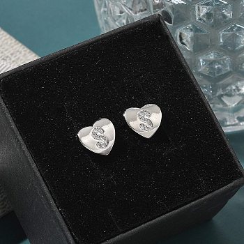 Rack Plating Brass Micro Pave Clear Cubic Zirconia Stud Earrings, Heart, Letter S, 8.5x9.5mm