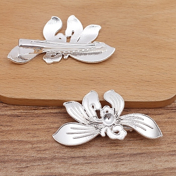Alloy Alligator Hair Clips Findings, Round Bead & Enamel Settings, with Iron Clips, Orchid Flower, Silver, 55x29mm, Fit for 5mm Beads