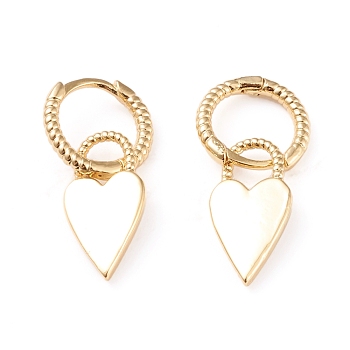 Brass Dangle Huggie Hoop Earrings, Long-Lasting Plated, Heart, Golden, 28.5mm, Pin: 1mm