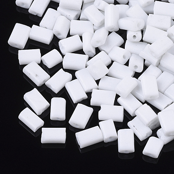 Opaque Glass Seed Beads, Round Hole, Flat Rectangle, White, 4~7x3~3.5x2~2.5mm, Hole: 1~1.2mm, about 2500pcs/bag