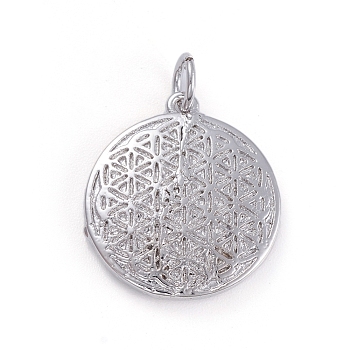 Brass Pendants, Spiritual Charms, with Jump Ring, Flat Round with Flower of Life, Platinum, 19x17x3mm, Hole: 3mm