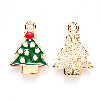 Alloy Enamel Pendants, for Christmas, Christmas Tree, Light Gold, Green, 20x14.5x2mm, Hole: 1.8mm