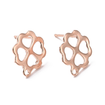 201 Stainless Steel Stud Earring Findings, with Horizontal Loop and 316 Stainless Steel Pin, Clover, Real Rose Gold Plated, 12.5x10.5mm, Hole: 1.2mm, Pin: 0.7mm