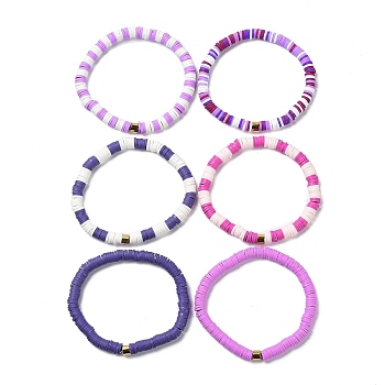 Handmade Polymer Clay Heishi Beads Stretch Bracelets Sets, with Golden Plated Stainless Steel Spacer Beads, Plum, Inner Diameter: 2 inch(5.2cm), 6pcs/set