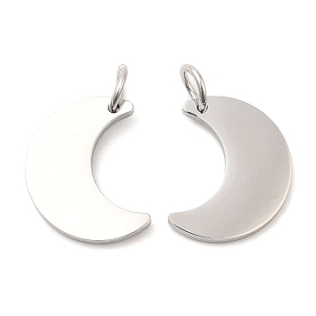 304 Stainless Steel Pendants, with Jump Ring, Moon Charm, Stainless Steel Color, 15x11.5x1.4mm, Hole: 3.2mm