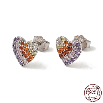 Heart Rhodium Plated 925 Sterling Silver Stud Earrings, with Colorful Cubic Zirconia, with S925 Stamp, Real Platinum Plated, 9x9mm