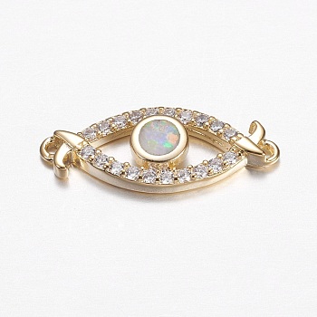 Brass Micro Pave Cubic Zirconia Links, with Synthetic Opal, Eye, Golden, Champagne Yellow, 8x20x3mm, Hole: 1mm