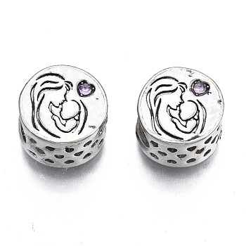 Rack Plating Alloy European Beads, Large Hole Beads, with Tanzanite Rhinestone, Mother's Day, Cadmium Free & Nickel Free & Lead Free, Column with Word Thanks for Being There Mom, Platinum, 11.5x7mm, Hole: 5mm