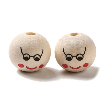 Wood European Beads, Round with Face, Blanched Almond, 19~20x18mm, Hole: 5mm, about 204pcs/500g