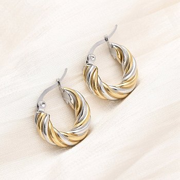 304 Stainless Steel Two Tone Hoop Earrings, Twist Ring, Ion Plating(IP), Golden & Stainless Steel Color, 18x5mm
