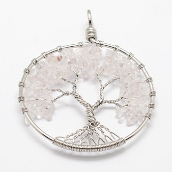 Tree of Life Natural Quartz Crystal Brass Wire Wrapped Big Pendants, Rock Crystal, Cadmium Free & Nickel Free & Lead Free, 50~64x48~52x5~8mm, Hole: 3~6mm