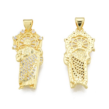 Brass Micro Pave Clear Cubic Zirconia Pendants, Religion, Saint, Real 18K Gold Plated, 29x13x3mm, Hole: 3.5x4mm