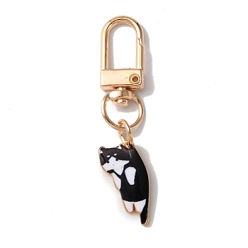 Cute Cat Alloy Enamel Pendant Decorations, Swivel Clasps Charms, Clip-on Charms, for Keychain, Purse, Backpack Ornament, Light Gold, Black, 60mm