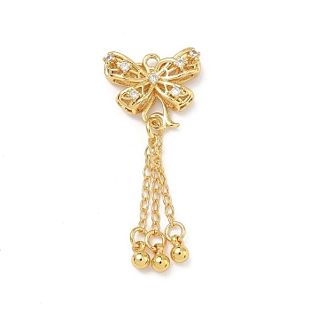 Brass Micro Pave Clear Cubic Zirconia Pendants, Cadmium Free & Lead Free, Rack Plating, Long-Lasting Plated, Butterfly with Tassel Charms, Golden, 38x16x5mm, Hole: 1.4mm