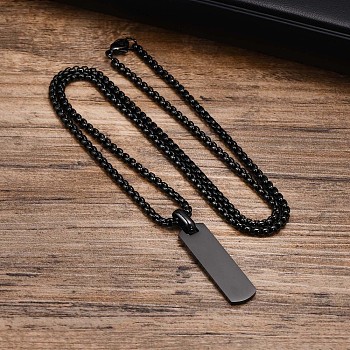 Blank Rectangle Stainless Steel Pendant Box Chain Necklaces for Men, Black, 23.62 inch(60cm)