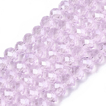 Electroplate Glass Beads Strands, Pearl Luster Plated, Faceted, Rondelle, Pearl Pink, 6x5mm, Hole: 1mm, about 85~88pcs/strand, 16.1~16.5 inch(41~42cm)