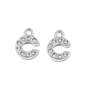 304 Stainless Steel Charms, with Crystal Rhinestone, Letter, Letter.C, 10~10.5x2~8x2mm, Hole: 1.2mm