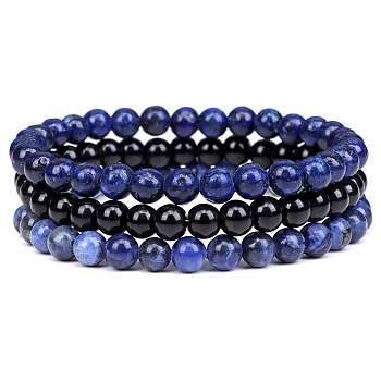 3Pcs 3 Style Natural Lapis Lazuli & Black Agate Round Beaded Stretch Bracelets Set, Gemstone Stackable Bracelets for Woman, Wide: 6mm, 7-1/4~7-1/2 inch(18.5~19cm), 1Pc/style