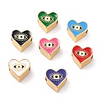 Real 18K Gold Plated Brass Beads, with Enamel, Long-Lasting Plated, Heart with Evil Eye, Mixed Color, 12x11x6mm, Hole: 2mm(KK-A155-29G)