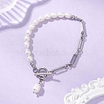 Natural Cultured Freshwater Pearl Beads Link Bracelets, 304 Stainless Steel Figaro Chains Bracelets for Women, Stainless Steel Color, 7.72 inch(19.6cm)(BJEW-JB13511-02)
