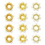 15Pcs 3 Styles Rack Plating Flower Brass Beads, with ABS Plastic Pearl, Lead Free & Cadmium Free, Long-Lasting Plated, Real 18K Gold Plated, 11x3~4.5mm, Hole: 3~4.5mm, 5pcs/style(KK-CJ0002-66)