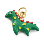 Dinosaur Rack Plating Brass Enamel Pendants, with Jump Ring, Long-Lasting Plated, Cadmium Free & Lead Free, Real 18K Gold Plated, Green, 13x18x4mm, Hole: 3.8mm(KK-Q804-13G)