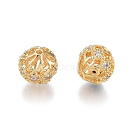Brass Pave Clear Cubic Zirconia Beads, Nickel Free, Round with Flower, Real 18K Gold Plated, 8mm, Hole: 1mm(KK-N231-332)