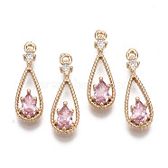 Brass Micro Pave Cubic Zirconia Pendants, with Glass, Teardrop, Long-Lasting Plated, Light Gold, Pink, 17.5x6x2.5mm, Hole: 1mm(X-KK-R111-003-A04)