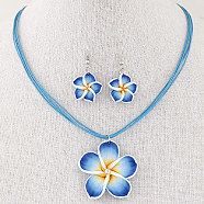 Flower Polymer Clay with Wax Cord Pendant Necklaces & Dangle Earrings Sets, Steel Blue, 400mm(FS-WG2CAA9-02)