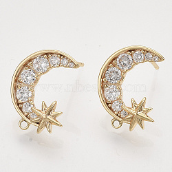 Brass Micro Pave Clear Cubic Zirconia Stud Earring Findings, with Loop, Nickel Free, Moon with Star, Real 18K Gold Plated, 16x13mm, Hole: 1mm, Pin: 0.9mm(X-KK-T054-53G-NF)