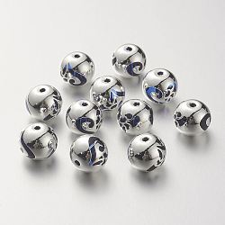 K9 Glass Beads, Covered with Brass, Round with Heart Pattern, 925 Sterling Silver Plated, Medium Blue, 10.2x9.2mm, Hole: 1.5mm(GLAA-G067-09S-05)