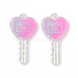 Two Tone Resin Big Pendants, Glitter Powder, Heart Key with Word PRETTY GIRL, Mauve, 59x30x6mm, Hole: 2.3mm(RESI-Z001-01C)