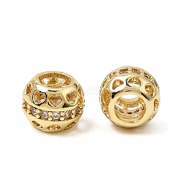 Brass Micro Pave Clear Cubic Zirconia European Beads, Large Hole Beads, Rack Plating, Long-Lasting Plated, Cadmium Free & Lead Free, Round with Heart, Real 18K Gold Plated, 8x6.5mm, Hole: 4mm(KK-CBA3C32-10G)