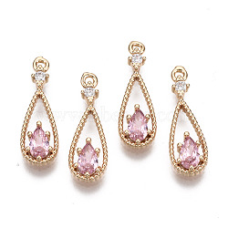 Brass Micro Pave Cubic Zirconia Pendants, with Glass, Teardrop, Long-Lasting Plated, Light Gold, Pink, 17.5x6x2.5mm, Hole: 1mm(X-KK-R111-003-A04)