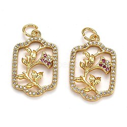 Brass Micro Pave Cubic Zirconia Pendants, Long-Lasting Plated, with Jump Ring, Rectangle with Flower, Real 18K Gold Plated, 22x14x2mm, Jump Ring: 5x1mm, Hole: 3mm(X-ZIRC-L100-044G)